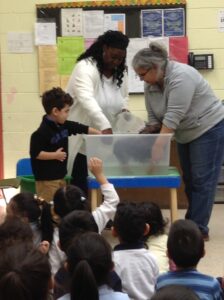 Mrs. Charneco giving her dog a bath with student